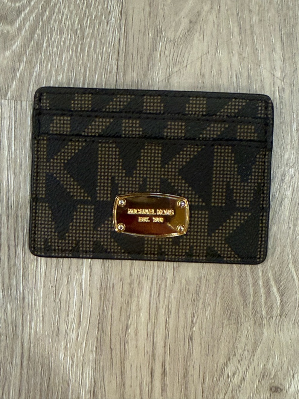Michael Kors Dark Brown Logo Card Slot Wallet with Ivory Lining